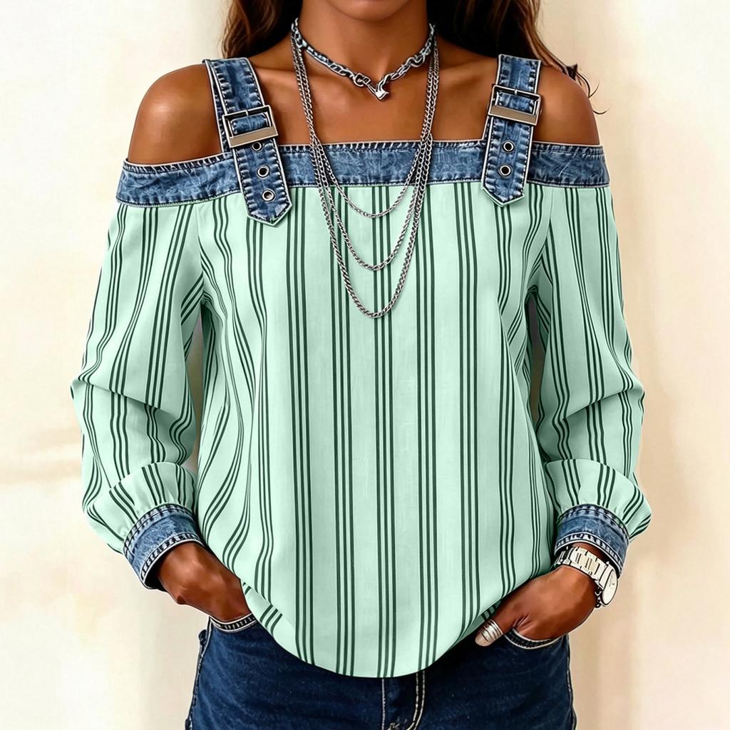 Women's Off Shoulder T-Shirt Long Sleeve Loose Fit Casual Vertical Stripe Tee Top