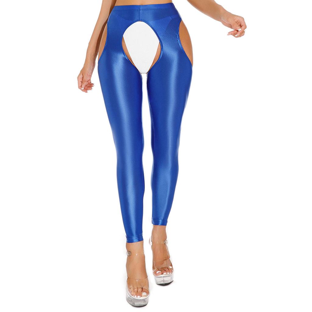 Colanți lucioși de damă cu talie înaltă, cu decupaj pe coapsă și design cu șliț deschis, pantaloni de yoga elastici cu decupaje, pentru antrenament și club