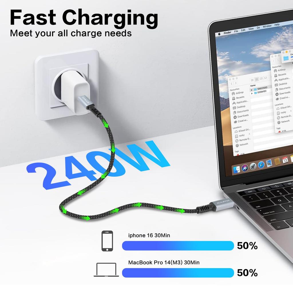 To 80Gbps Bidirectional Data 240W Fast Thunderbolt USB 3 Backward 8K Video Durable Nylon for Connecting Devices Such As iPhone Galaxy MacBook Android
