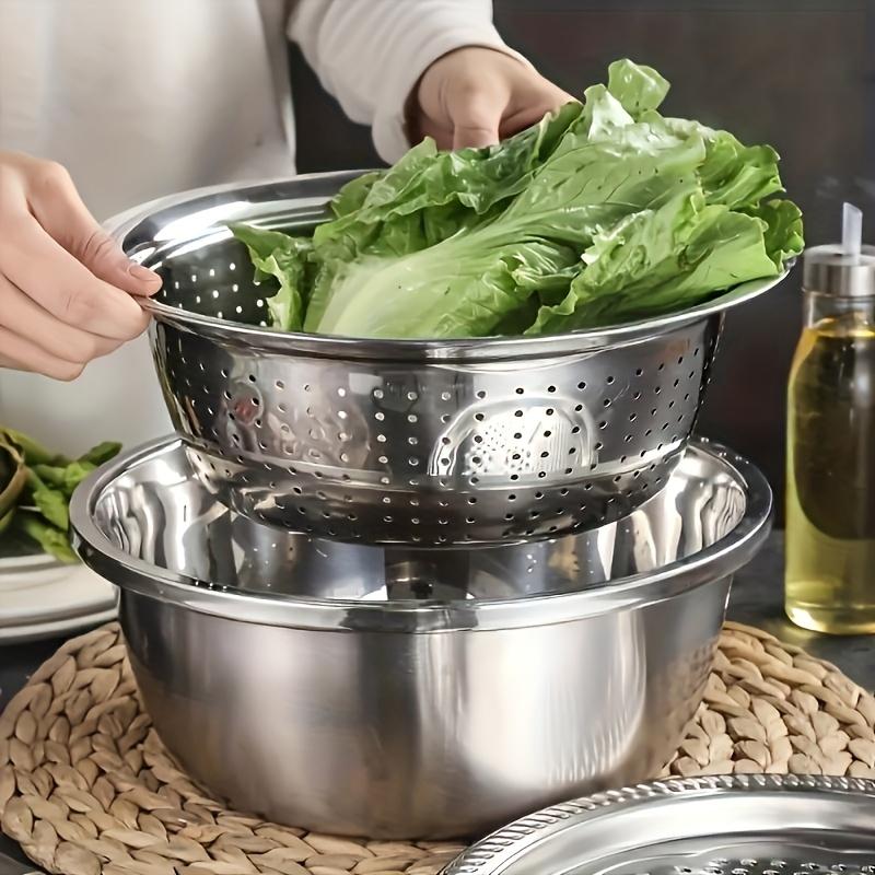 3Pc Stainless Steel Kitchen Bowl Set with Integrated Grater, Multi Function Strainer and Mixing Bowl for Fruit, Vegetable and Cheese Prep