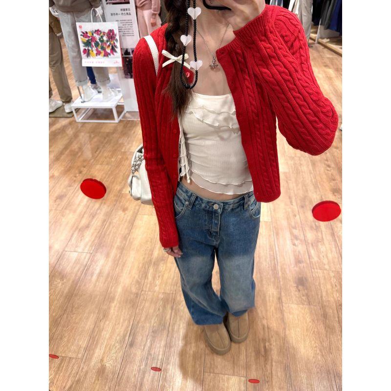 

Кардиган в стиле преппи для ранней осени, вязаный свитер с косами Red 2XL