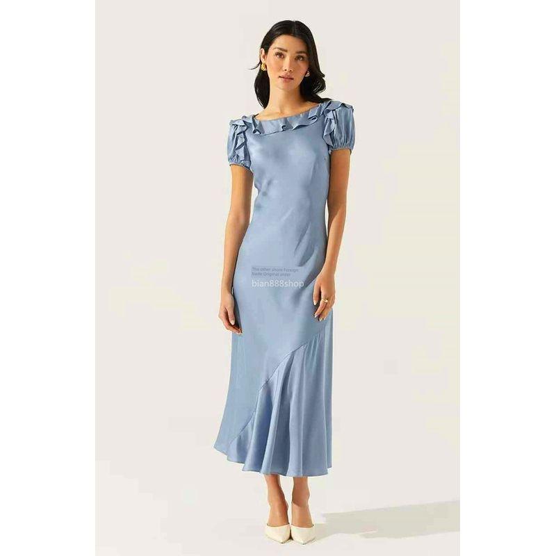 

Оригинальный заказ внешней торговли A, платье с коротким рукавом из сладкого атласа, приталенное, в западном стиле, с кружевом, для свиданий, шопинга, с темпераментом, длинное Blue XS