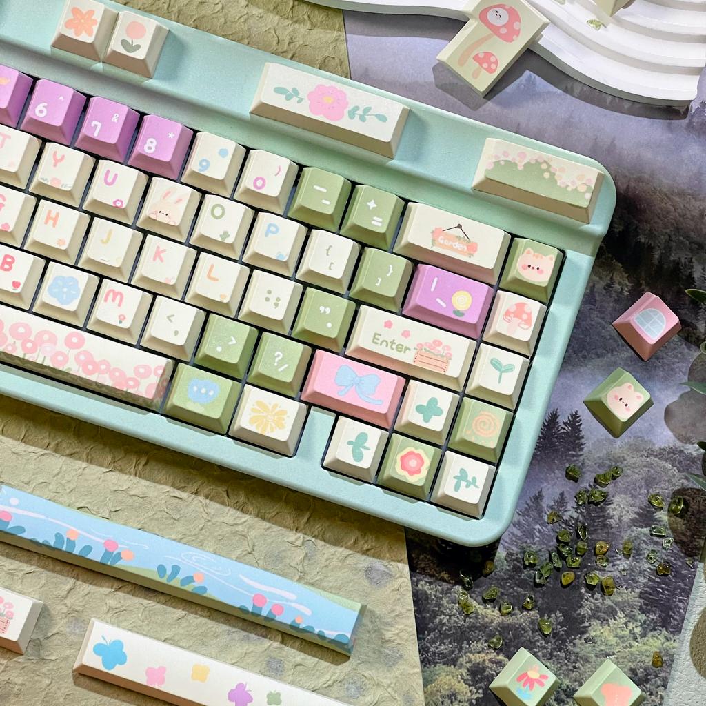 Small Garden Cherry Keycaps Cute Pbt Five-Sided Sublimation 138Keys7U/2.25U Space Bar L Shape Enter Key Alice Layout Keycaps