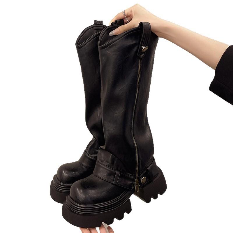 Thick-soled But Knee Boots Women's 2025 Autumn and Winter New British Style High Trouser Boots Small Skinny Knight Boots