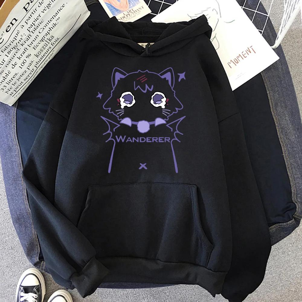 Genshin Impact Cartoon Cat Printed Hoodie Women Casual Autumn Winter Kawaii Harajuku Fleece Long Sleeve Sweatshirts