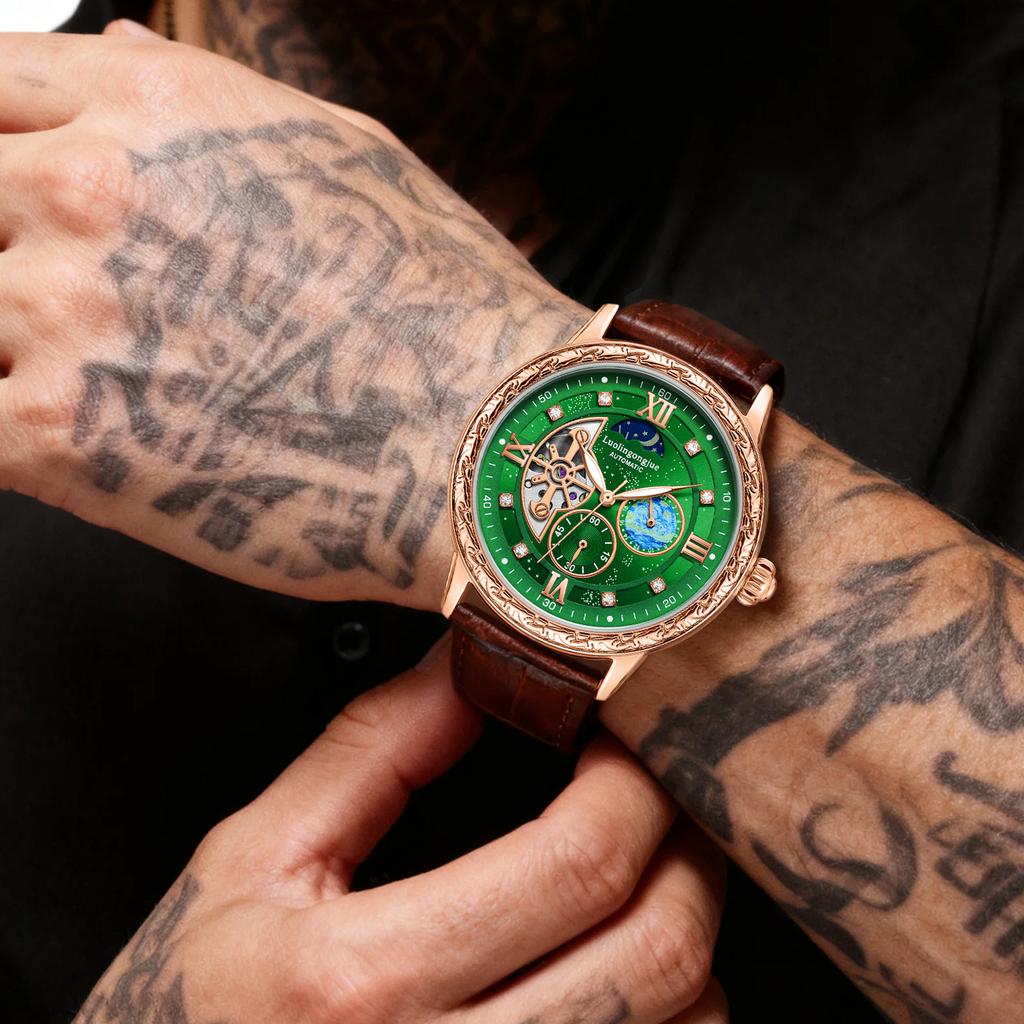 Montre Mécanique Automatique de Luxe pour Homme d'Affaires, avec un Design Squelette, Cadran Sculpté Rétro Élégant comme Cadeau Montres-Bracelets