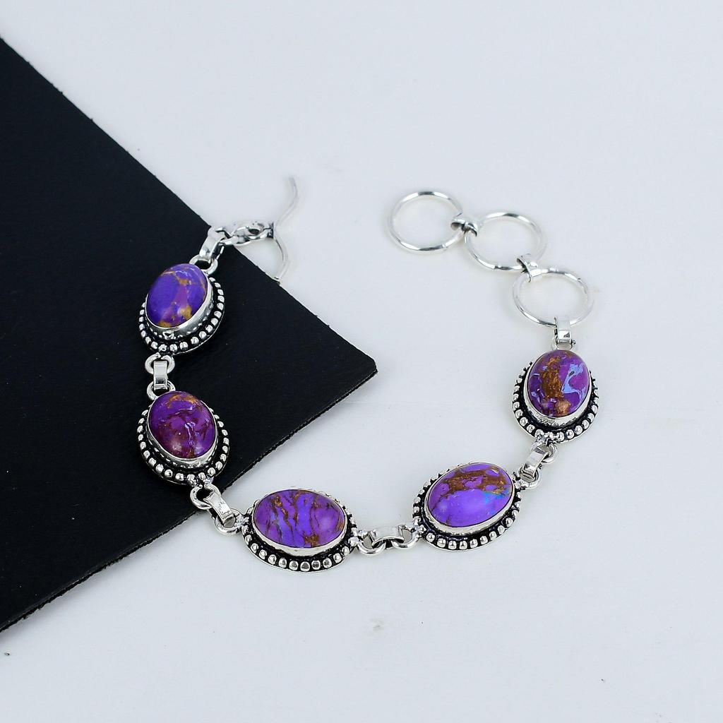 Purple Turquoise Gemstone Handmade 925 Sterling Silver Bracelet, Purple Turquoise Bracelet For Wife , Unisex Bracelet Engagement Gift
