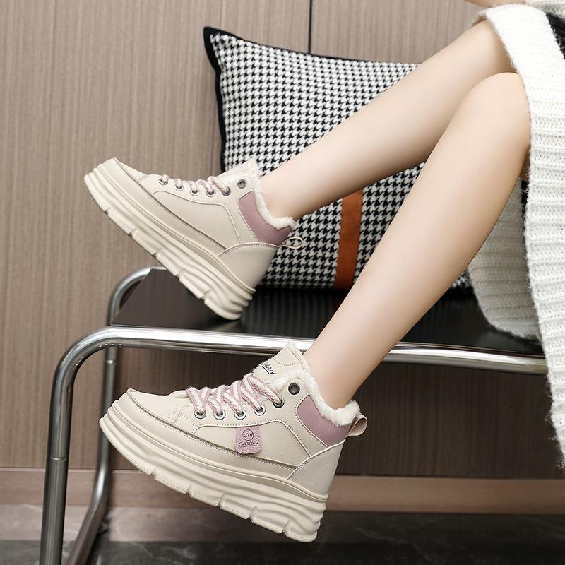 Women's Shoes Plus Velvet Thickened Inner Heightening Sneakers Color Matching Thick-soled Sponge Cake Heightening White Shoes