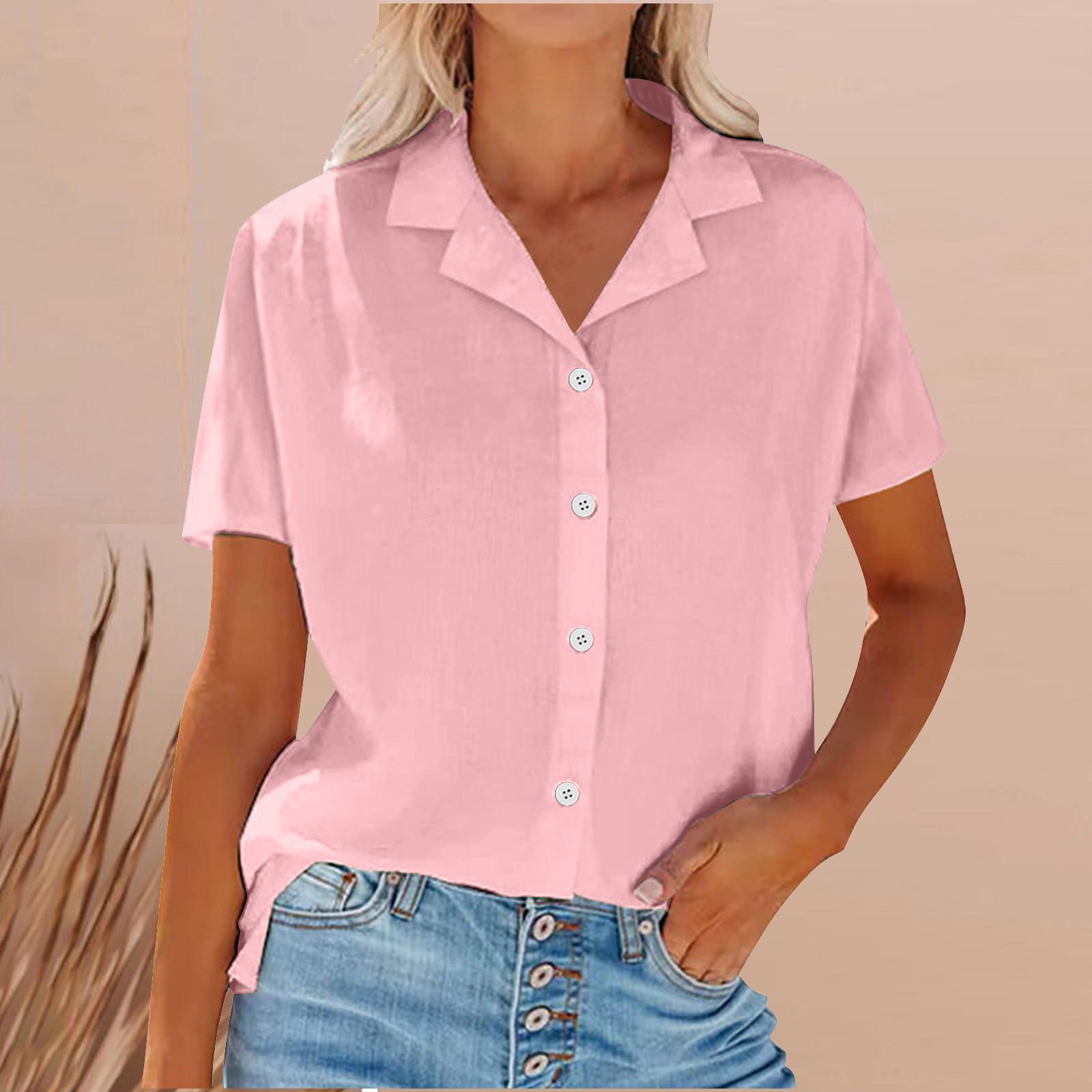 

YYFS Жіночі модні повсякденні літні весняні одноколірні блузки та сорочки з коротким рукавом і принтом L рожевий