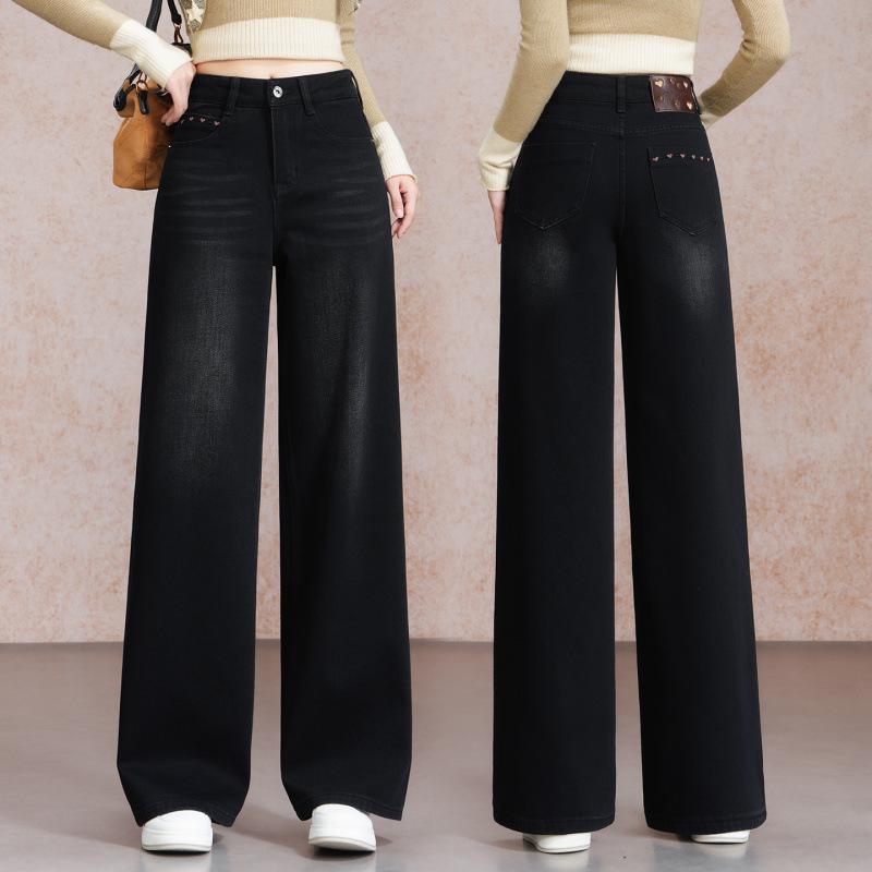 High-end black old money style jeans wide-leg women's pants spring and autumn new models are popular this year commuter straight pants