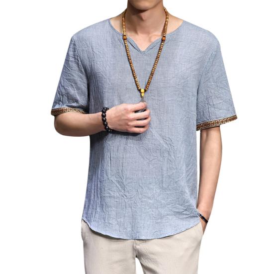 Retro Herren Plus Size Leinen Rhombus Patchwork Kurzarm V-Ausschnitt T-Shirt Top