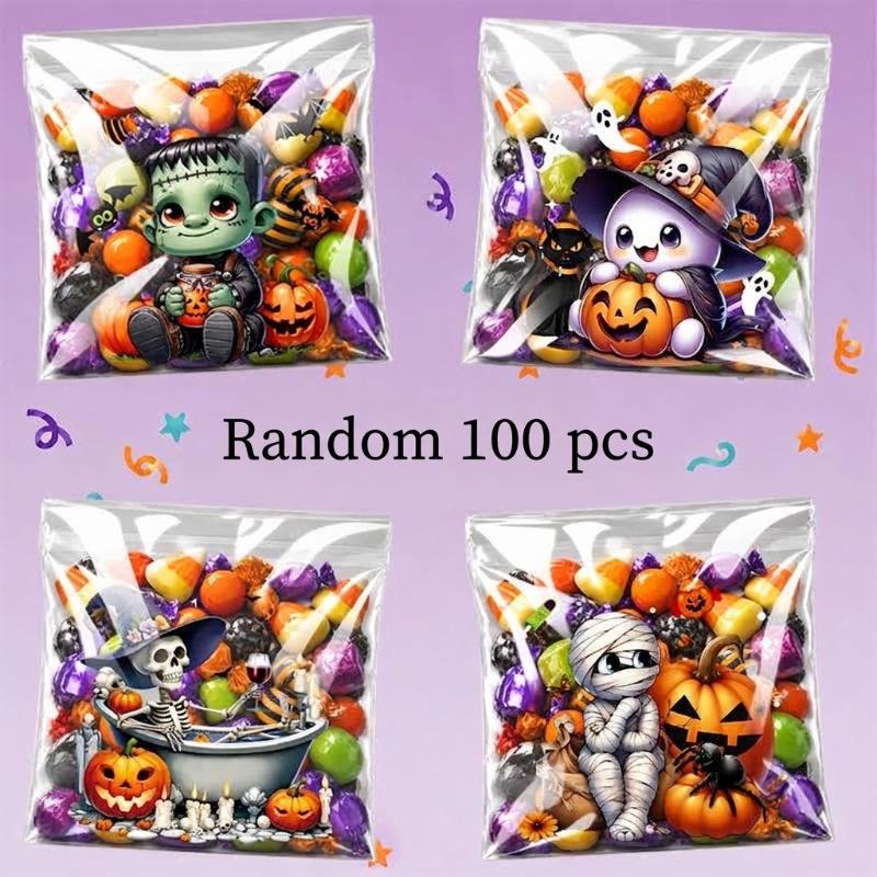 100Pcs Halloween Self Adhesive Treat Bags With Cute Spooky Prints For Packing Candies Cookies Halloween Party Favors