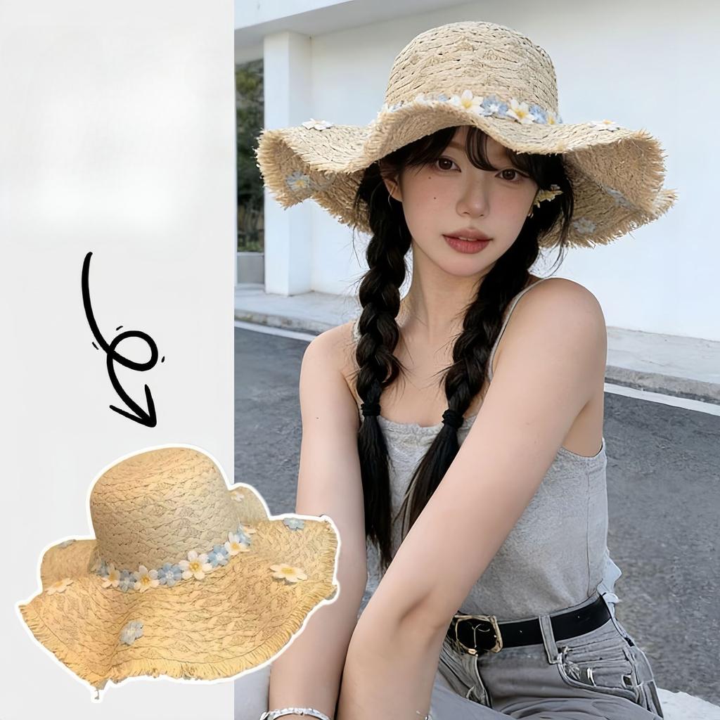 Sommer Hut mit breiter Krempe Sonnenschutz Vielseitig Blumen Ausflug Visierhut Damen Strandhut Strandurlaub Raffia Strohhut