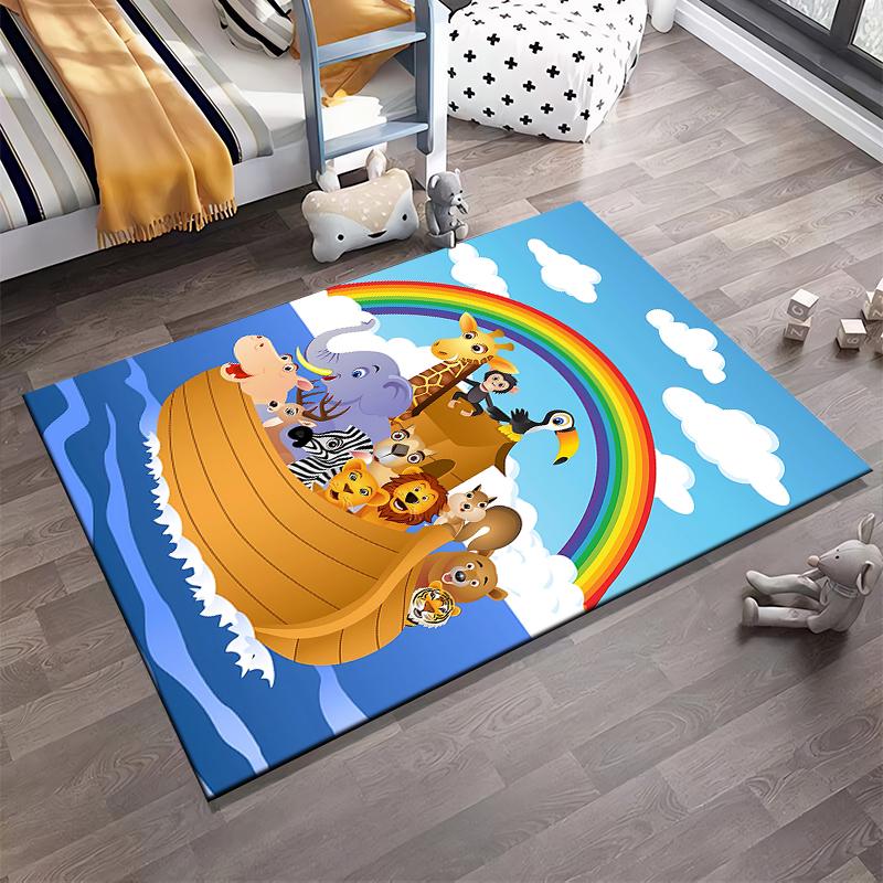 Colorful Cartoon Animal Ark Carpet with Rainbow, Fun Kid Room Decor Suitable for Use As an Anti-slip for Living Room Bedroom Sofas