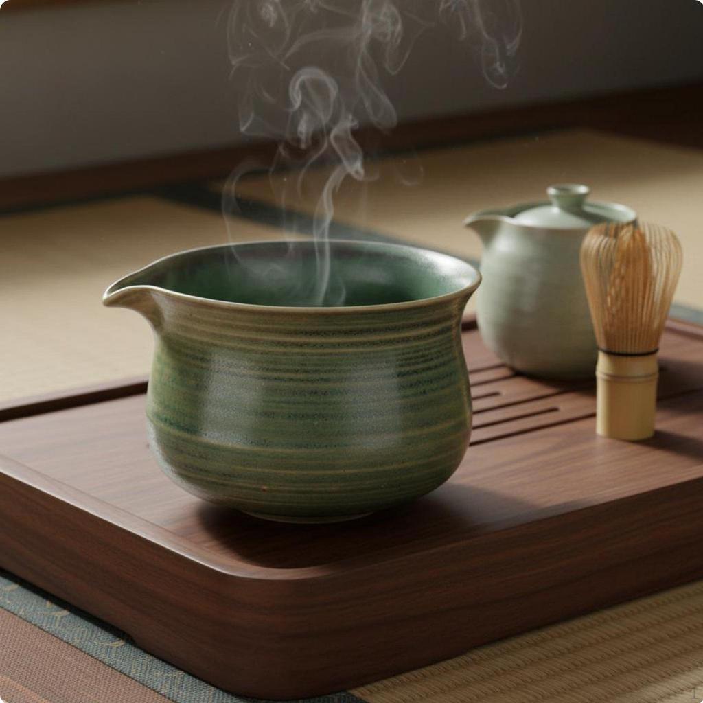 Matcha Bowl with Spout Song Period Style Firing Change Glaze Ceramic Tea Moss Green