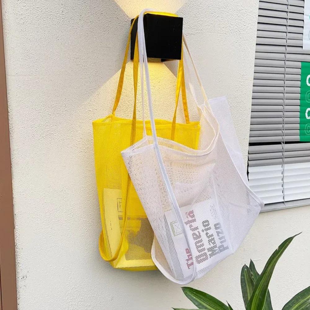 Transparent Mesh Shoulder Bag Pockets Hollow Tote Bag Fashion Beach Handbag Girls