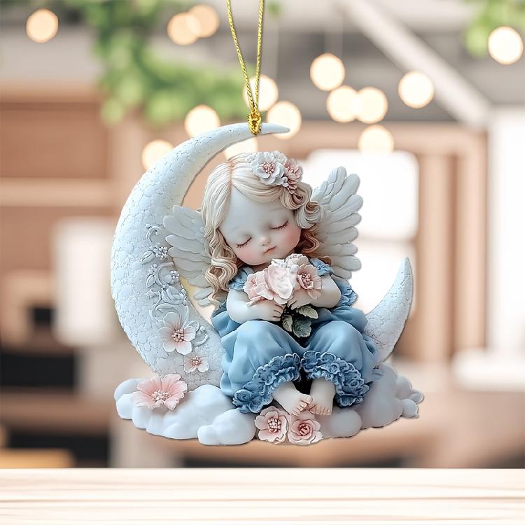 2D Angel Baby On Moon Acrylic Pendant Keychain Bags Charm Car Hanging Ornament Gift For Holiday Homes Office Decors