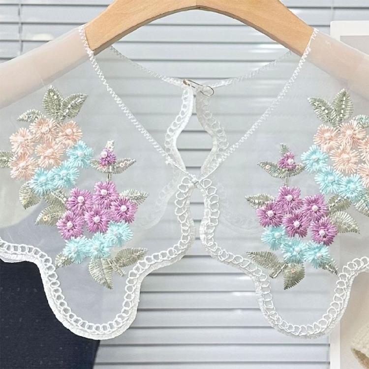Embroidery Colorful Flower Detachable Collar Elegant Lace Shawl Faux Collar Capelet Scarf for Womens Clothing Accessory