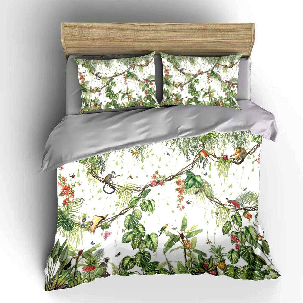 Set Biancheria da Letto Scimmia e Uccelli Giungla Tropicale 3pz Copripiumino con Stampa Botanica ad Acquerello Biancheria da Letto a Tema Natura per Camera da Letto