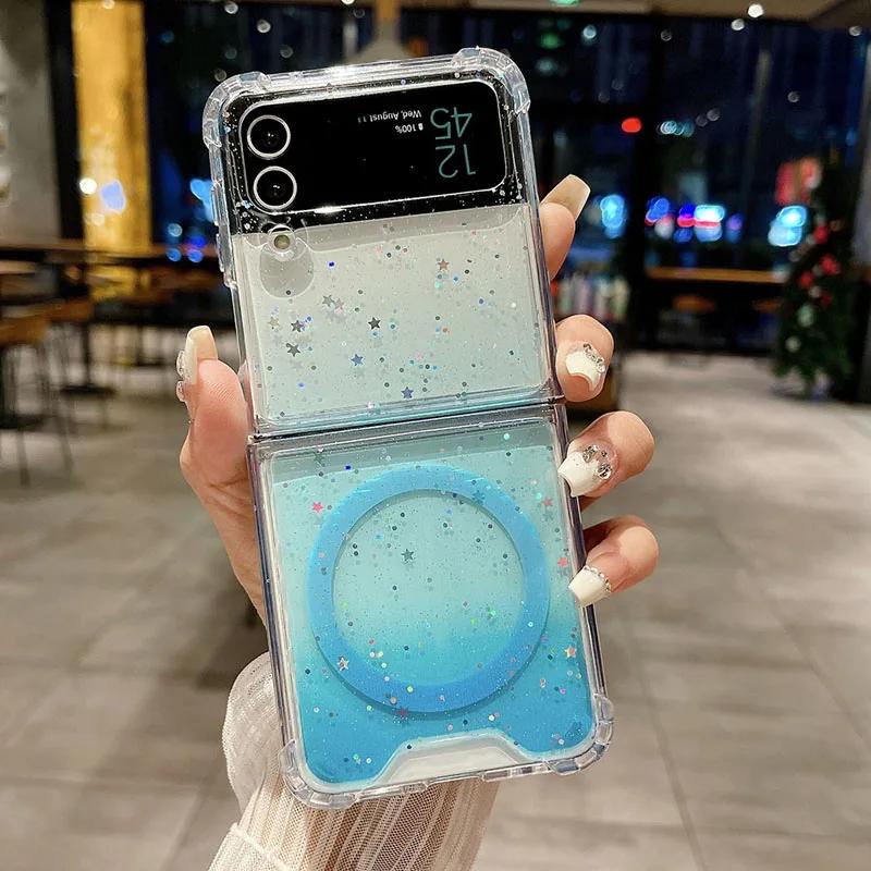 For Samsung Z Flip 6 5 4 3 Magsafe Gradient Glitter Folding Phone Case For Samsung Z Flip 5 4 Magnetic Charging Shockproof Cover