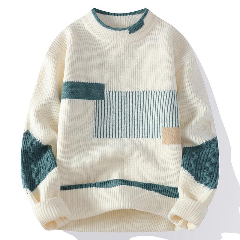 Men's Fall Round-Neck Color-Blocked Sweater: Youth Knit Top, Casual Design