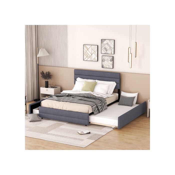 Lit Plate-forme - MUVOE - 140 X 200 Cm - Gris - 2 Tiroirs De Rangement - Montage Facile