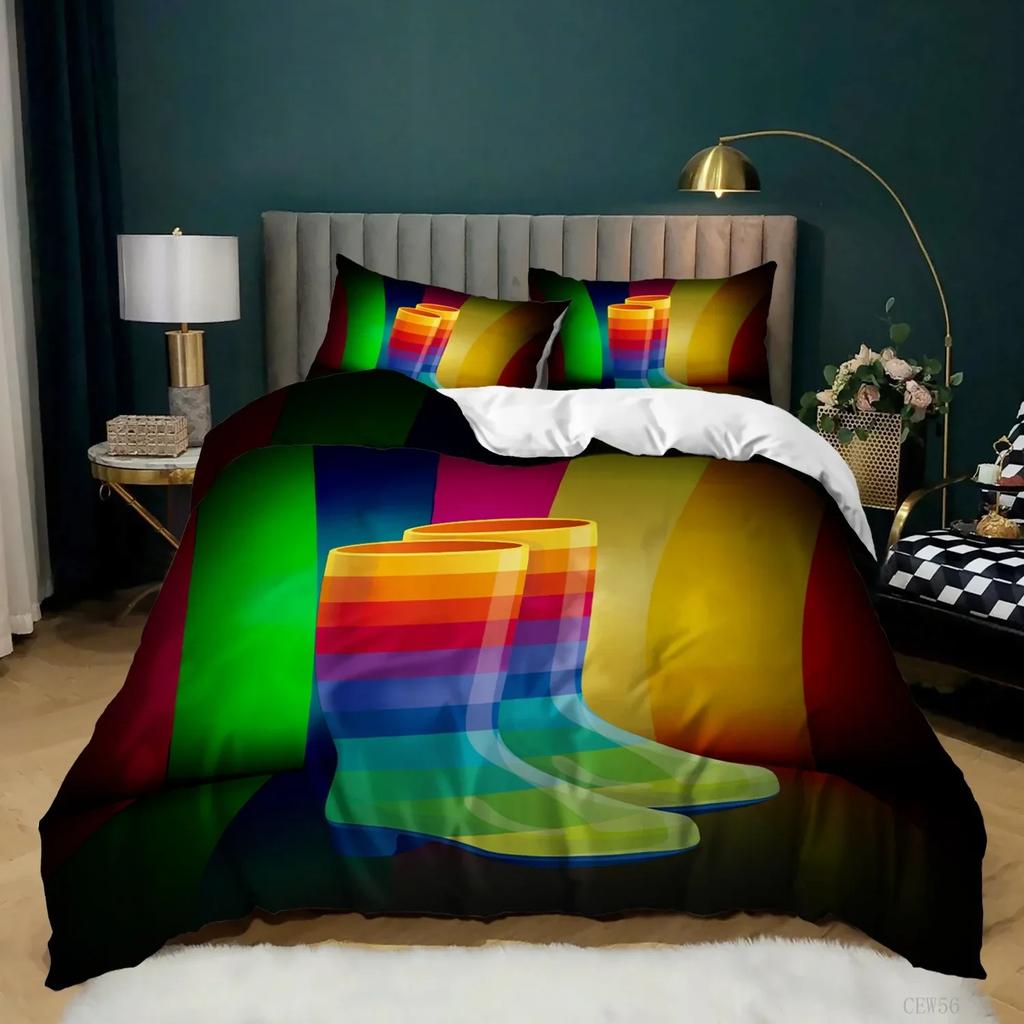 Regenbogen-Bettbezug, KingQueen-Size, LGBT, abstraktes Regenbogen-Herz-Bettwäscheset für Mädchen und Frauen, bunte Linien, weicher Bettbezug
