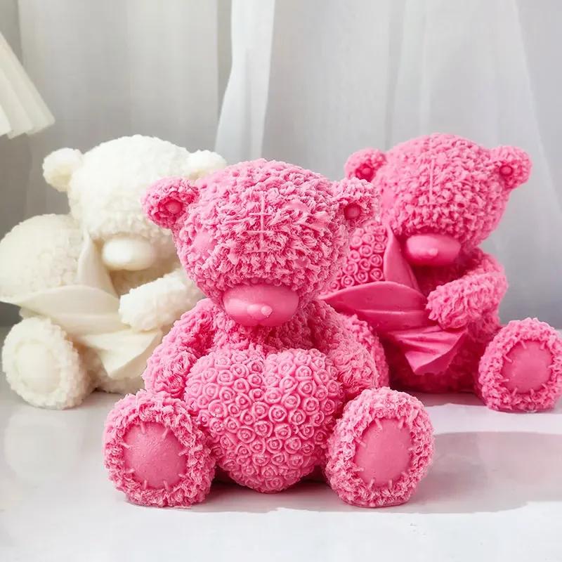Top Quality Large Silicone Mold for Plush Bears Heart-Shaped Bear & Floral-Bear Candle Valentine's Day Cake Decoration Mold