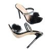 Fashion Summer Street Style Fashion Crystal Rhinestone Strap Slipper Women Sandals Fluffy Feathers High Heels Sexy Party Banquet Shoes