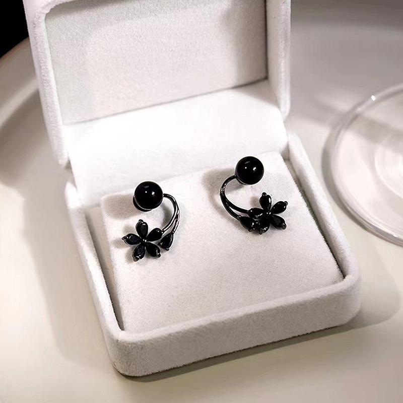 Vintage Black Zircon Flower Pearl Stud Earrings For Women Korean Elegant Personality Earrings Wedding Party Jewelry Gift Mujer