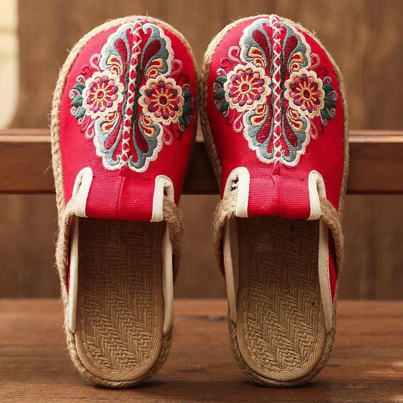 Fashion 2025 Women Casual Linen Handmade Embroidery Mules Flat Slippers Retro Vegan Summer Ladies Canvas Comfortable Espadrille Shoes