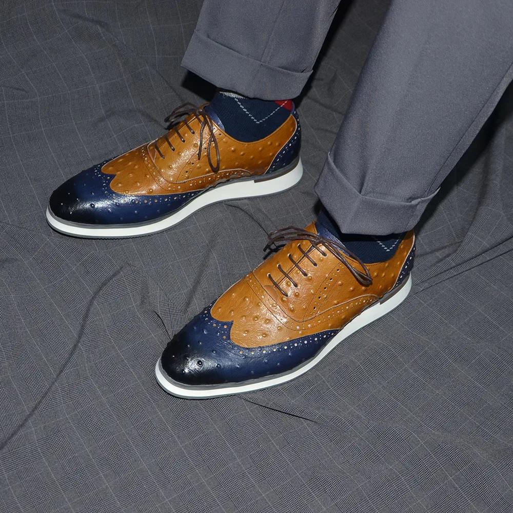 Luxury Handmade Cow Genuine Leather Men's Oxford Sneakers Lace-up Wingtip Brogue Ostrich Pattern Brown Blue Casual Footwear Male