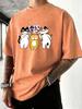 Three Cartoon Cats Prints Washed TShirt Men Summer Cotton T Shirts Breathable Soft Streetwear Trendy Loose Male Clothing