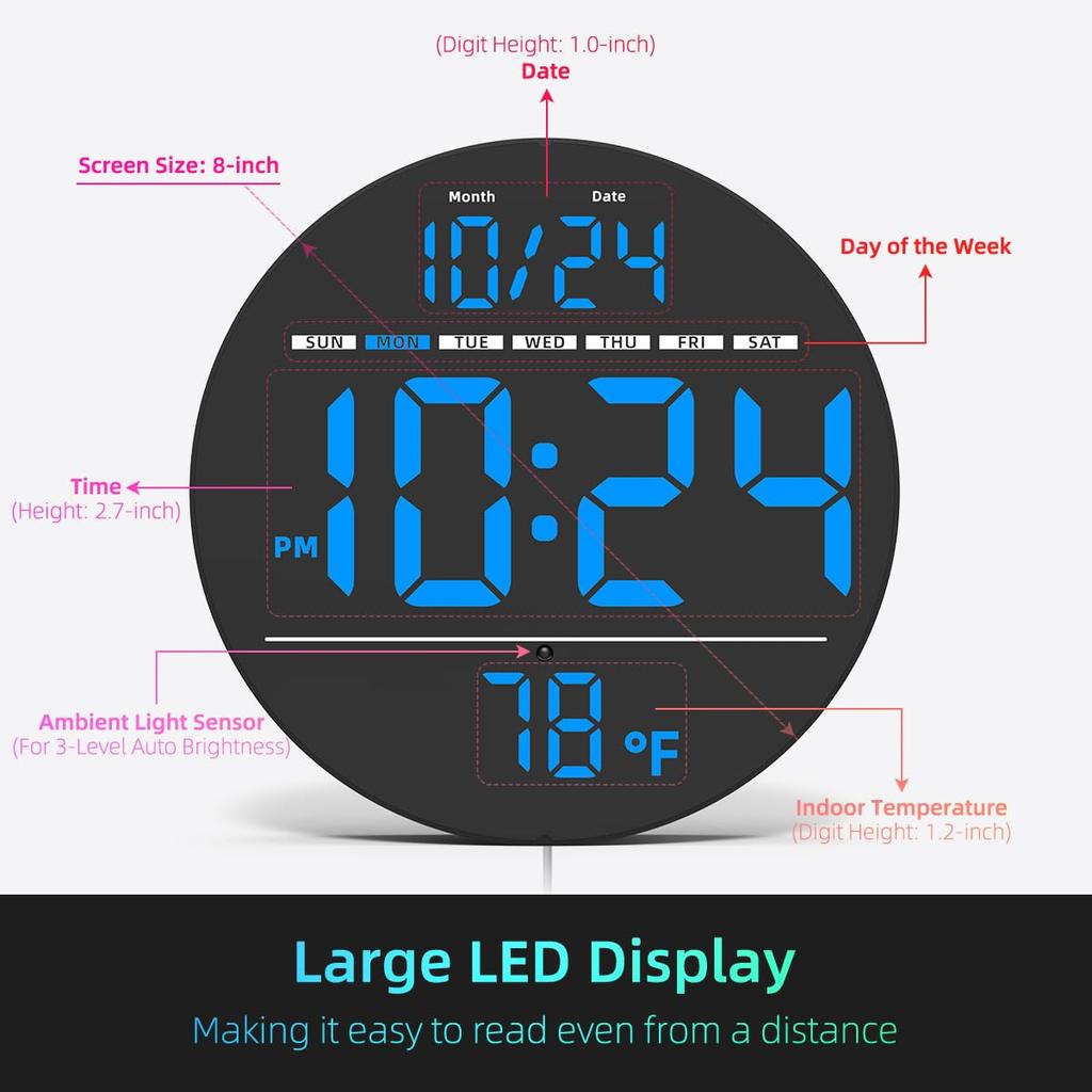 Digital Wall Clock with Large LED Display, Auto-Brightness, Temperature, Low-Reflectivity, Small Silent Non-Ticking Wall Clock