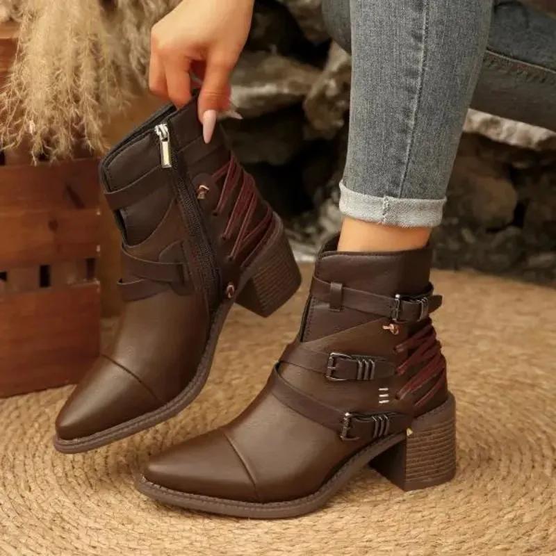 Zipper Round Toe Women Boots High Heels Female Shoes Luxury Designer Stiletto Ladies Rock Fashion Large Size Rubber Flock Fabric
