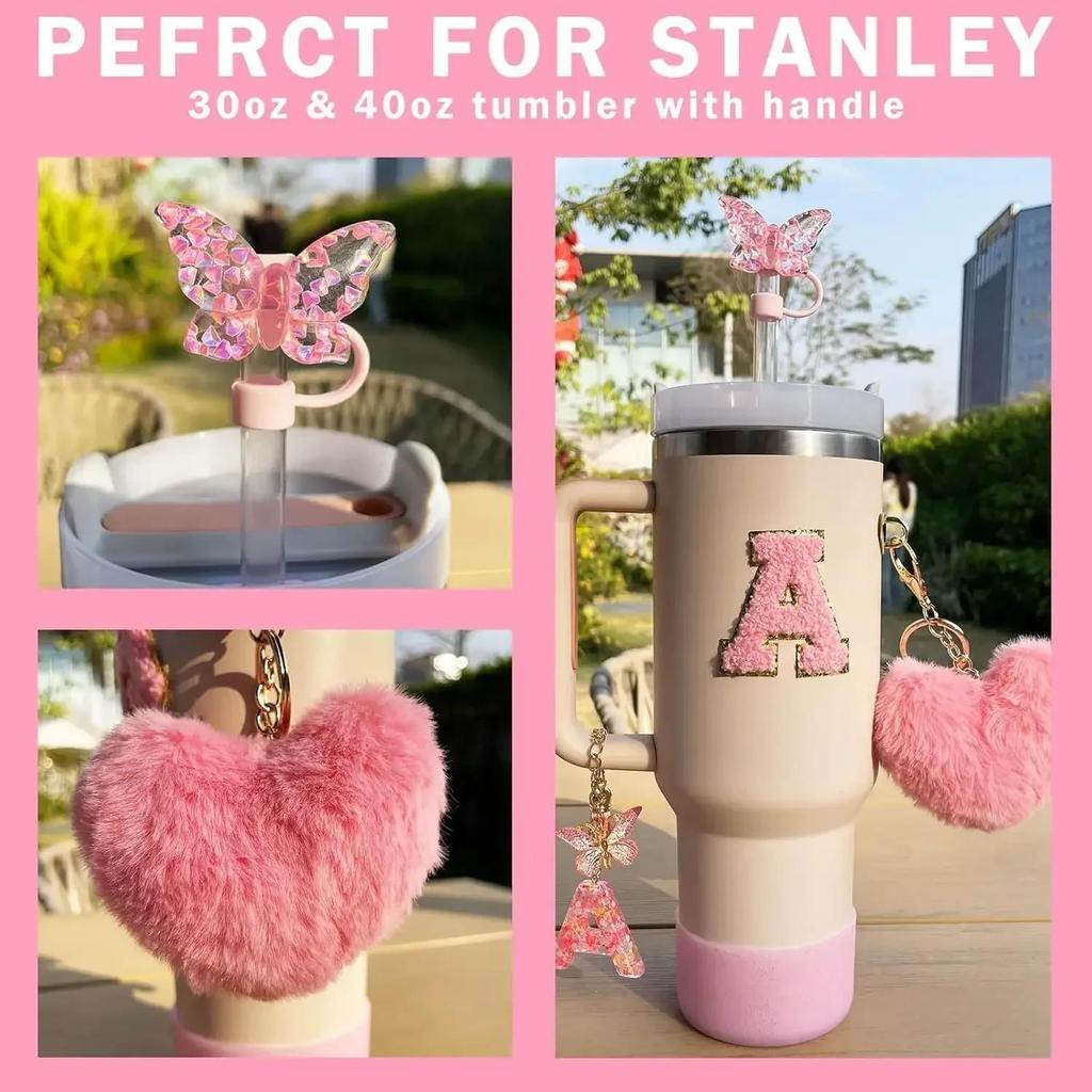 9PCS Accessory Set for Stanley Cup 30oz 40oz Butterfly Straw Cover Cap Silicone Boot Charm Initials Sticker Spill Proof Stopper Cup Holders 5