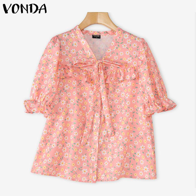 VONDA Elegant Women Floral Print Blouse Casual Puff Sleeve V Neck Ruffled Tops