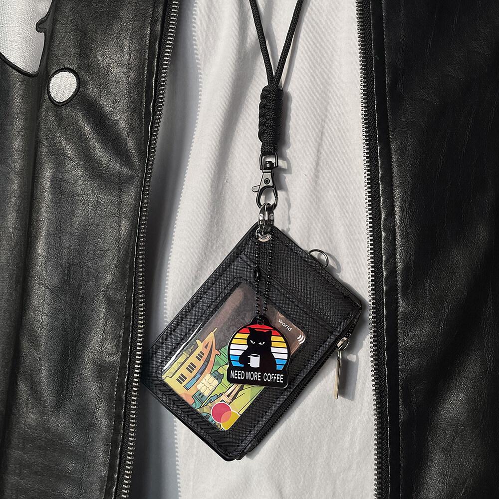 ID Card Holder Zipper Pocket 2 Sided 5 Cards Slots Keychain Lanyard for Mens Bus Subway Card Pouch