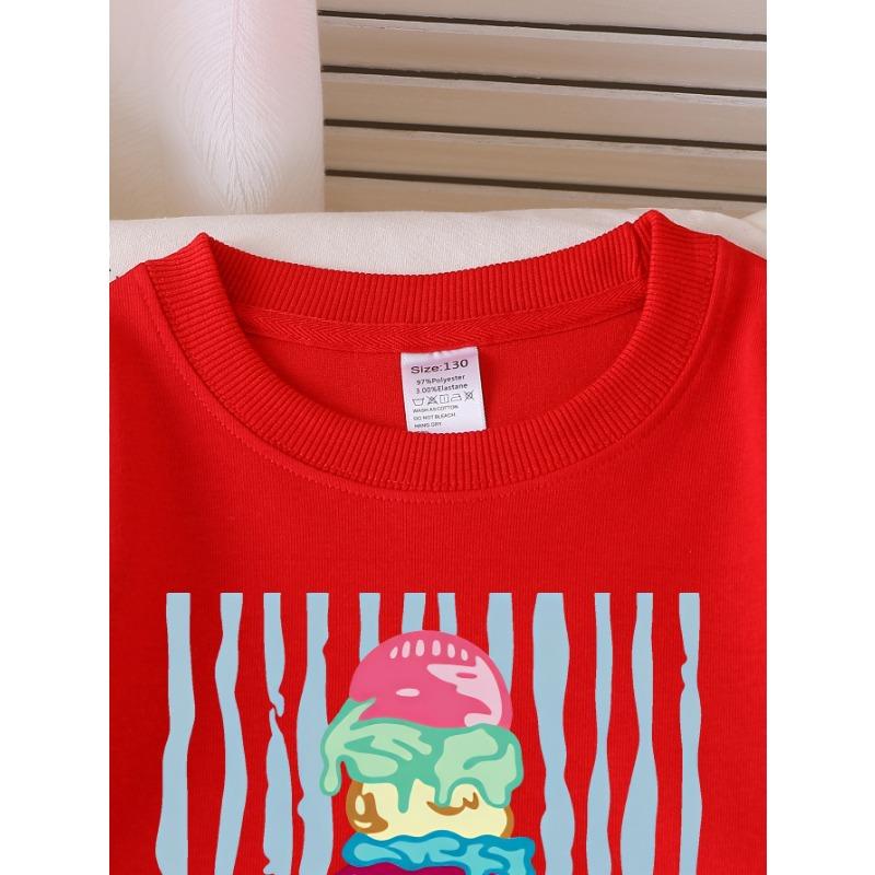 European Sizes Girls Crew Neck Sweatshirt Colorful Gelato Ice Cream Cone Print, Soft Cozy Pullover, Warm Casual for Autumn & Winter.