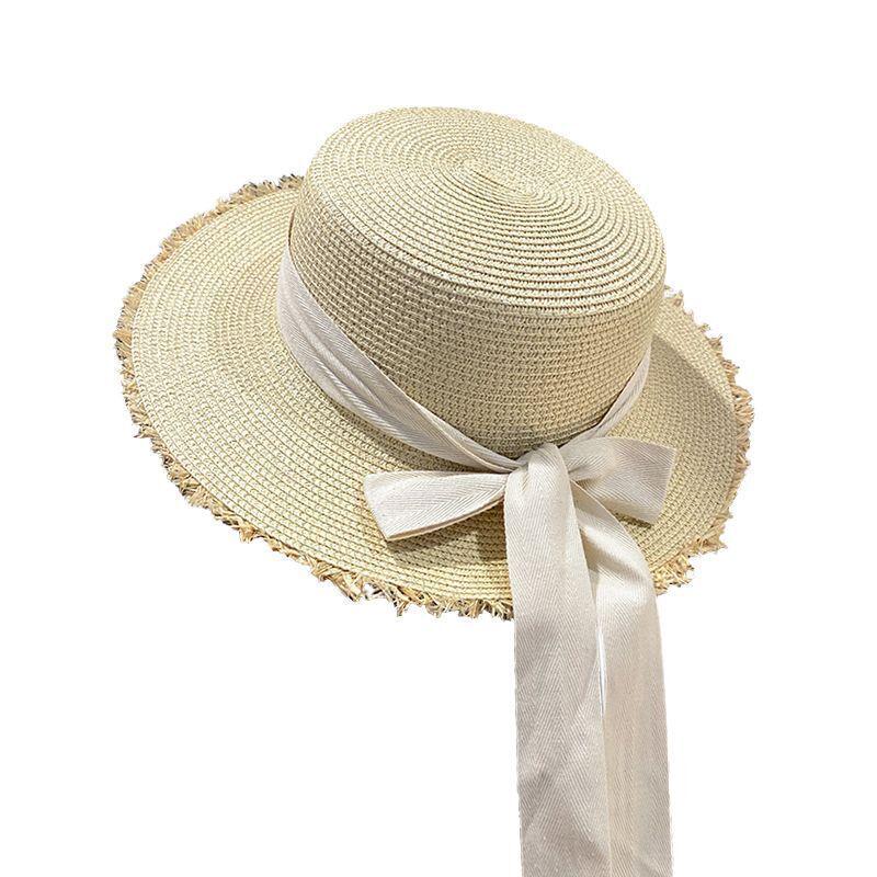 Women's Large Brim Bowknot Frayed Edge Straw Sun Hat for Summer Beach Vacation