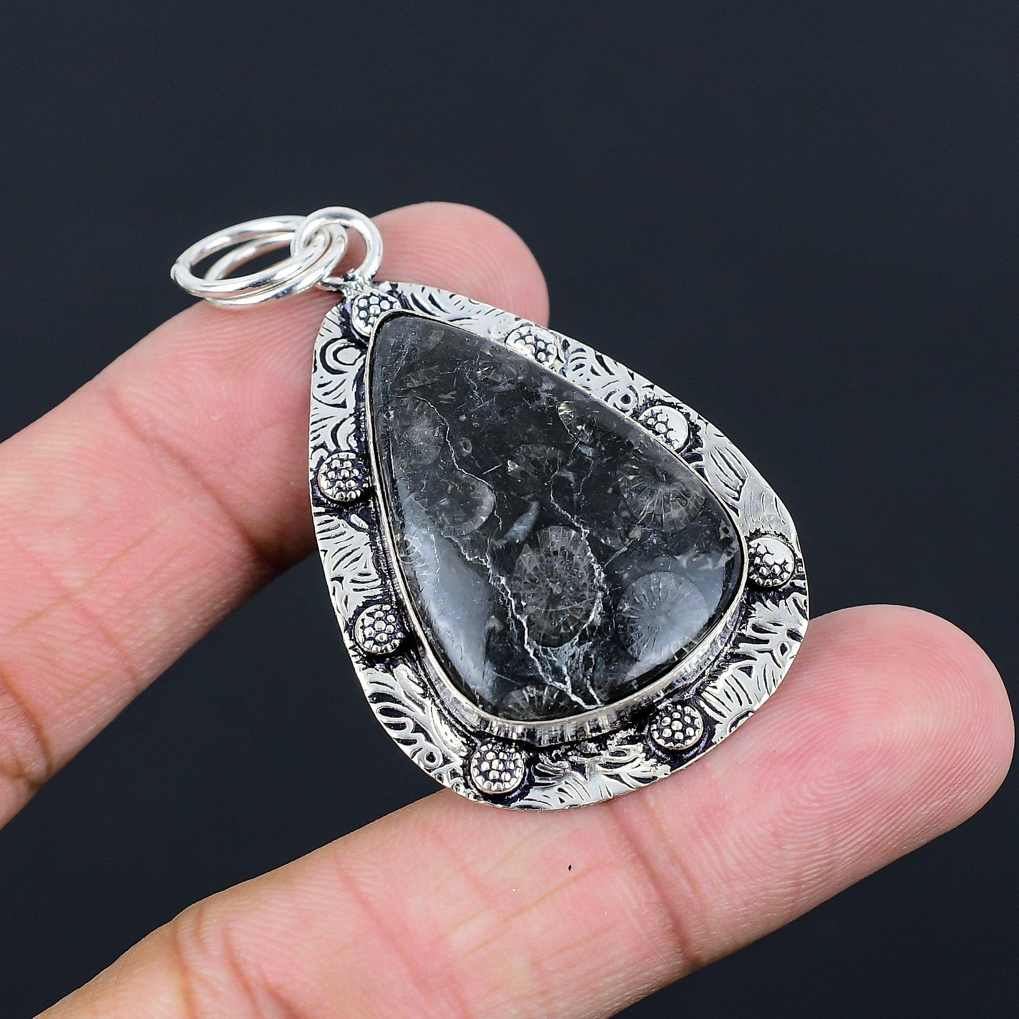 Womens day Sale Pear Natural Black Fossil Coral Sterling Silver Pendant Jewelry