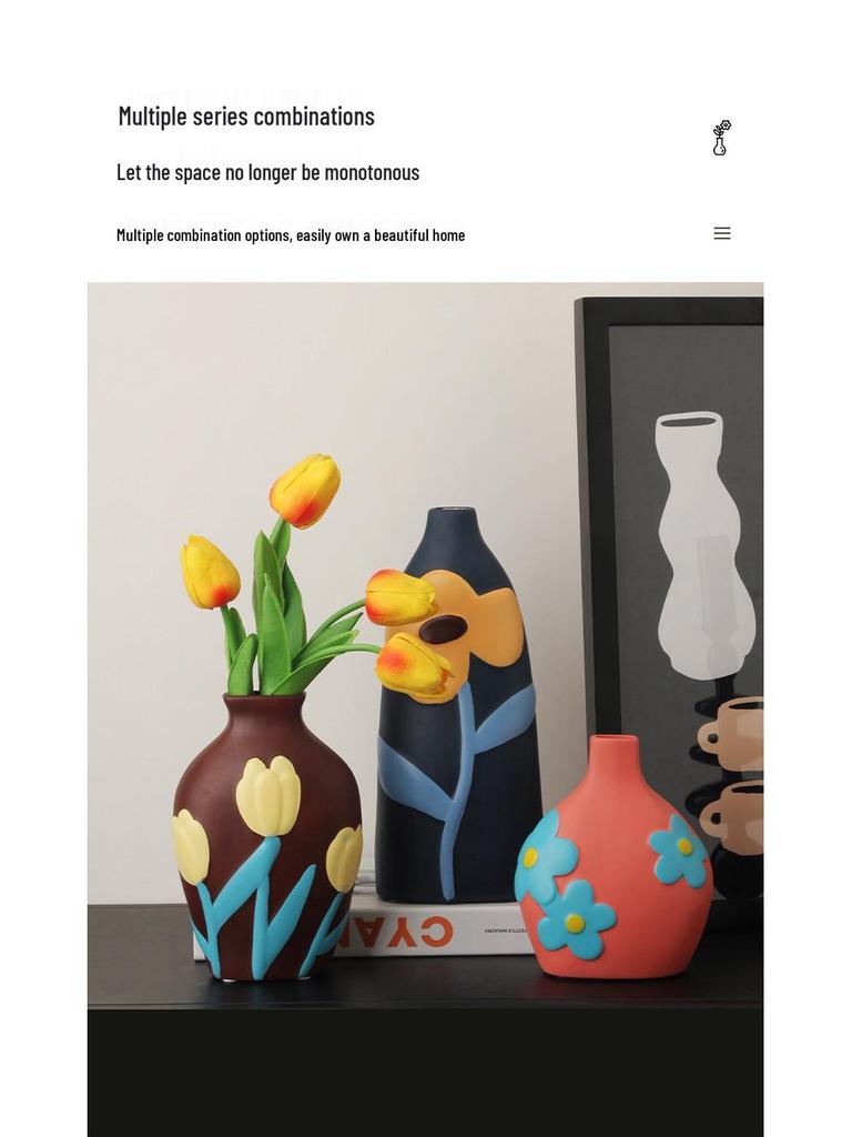 Retro Painted Ceramic Flower Vase Ornament for Living Room or Entryway Decor