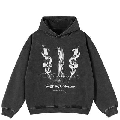 Streetwear Moletom Unissex Oversized Lavado Preto com Estampa Gráfica Engraçada e Bolsos Laterais