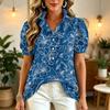 Women Ruffle V Neck Printed Blouse Short Sleeve Casual Loose Fit Top Button Down Lightweight Shirt