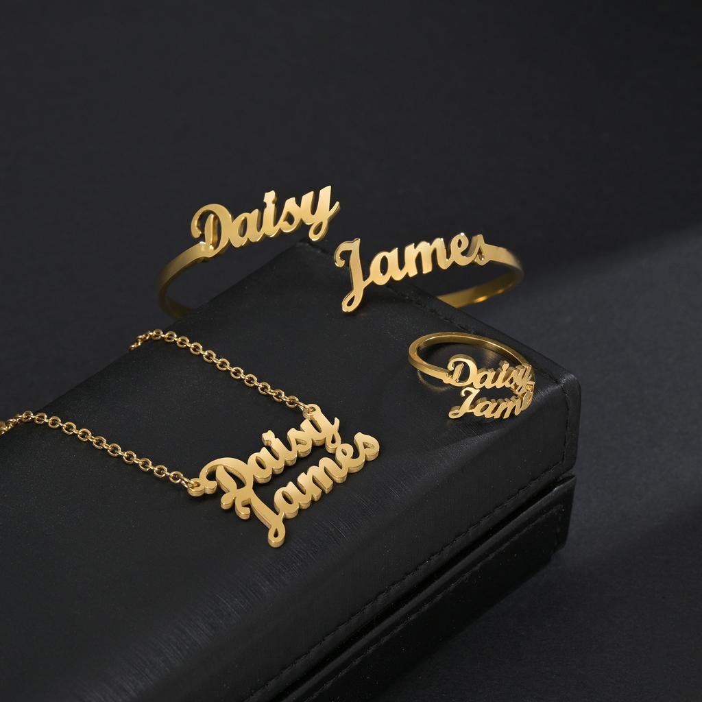 Atoztide Custom Double Names Frosted Jewelry Set Bracelet Necklace Rings Stainless Steel for Women Unisex Choker Birthday Gifts