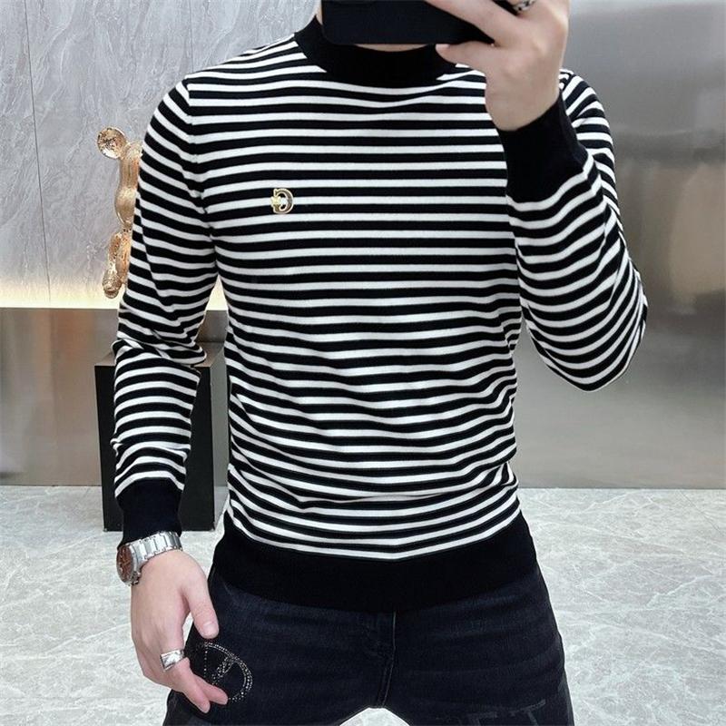 

Мужская осенне-зимняя корейская мода, полосатая футболка с длинным рукавом, повседневный пуловер с круглым вырезом, приталенный базовый топ 4XL чёрный