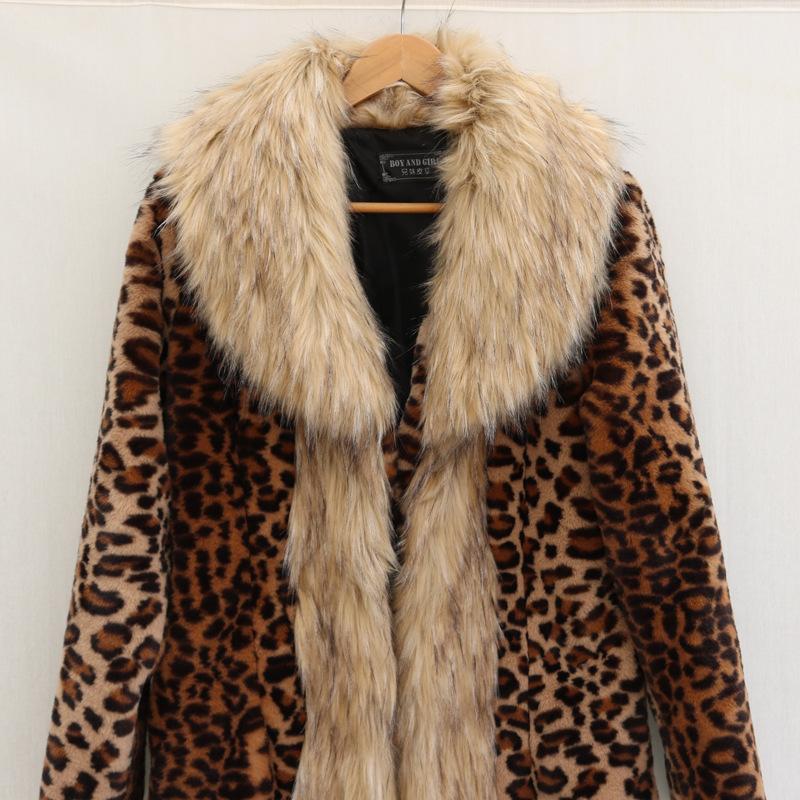 Women's leopard print fur jacket long mink coat fox hair big fur collar winter warm trench coat loose large size
