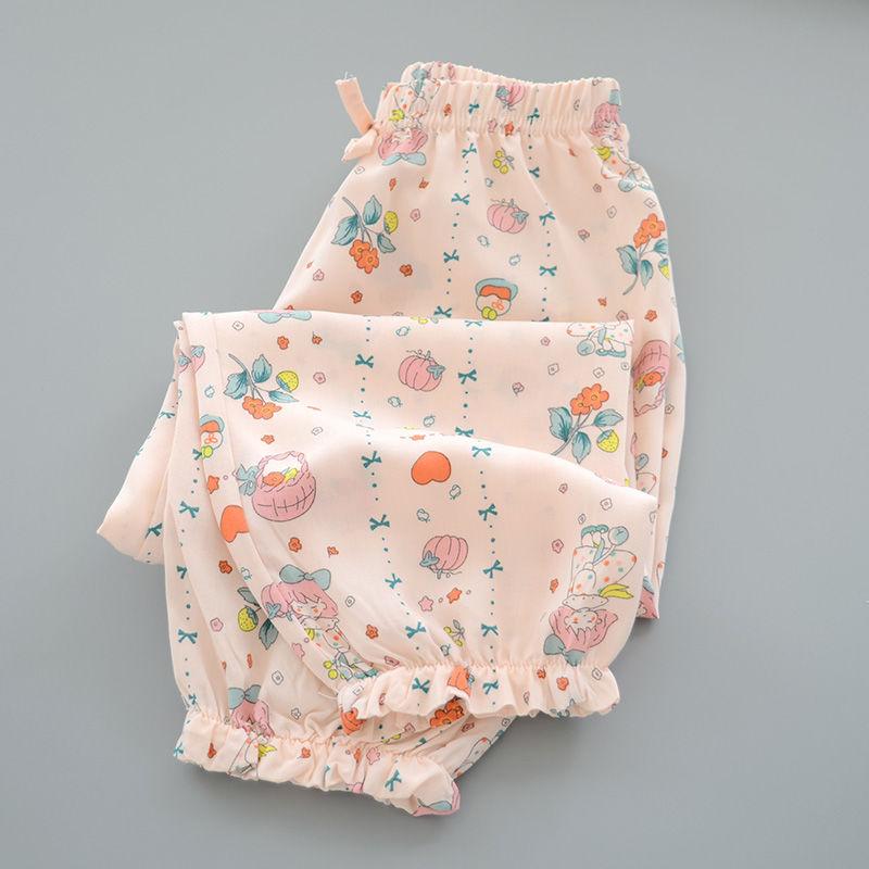Sommer Mädchen Baumwolle und Seide Mückensichere Hose Dünn und Vielseitig Kinder Blumen Laternenhose Kunstbaumwolle Freizeithose