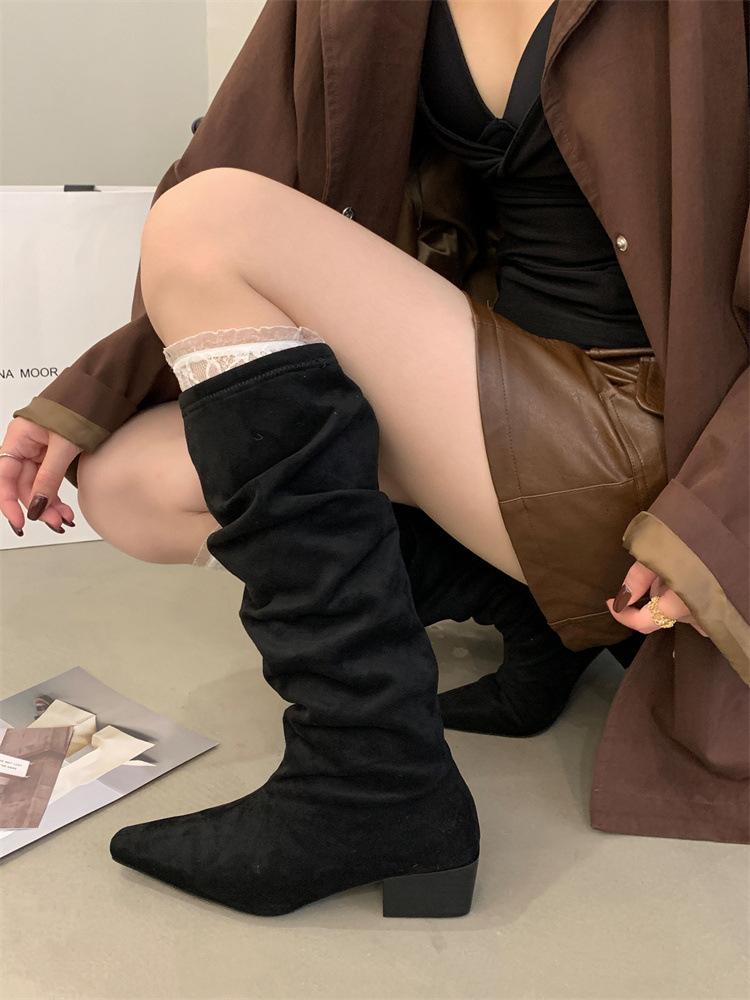 

Модный дизайн Плиссированные женские ботфорты до колена Модные с острым носком Длинные ботильоны Осень Зима Квадратный каблук Стройнящая обувь 2026 35 чёрный