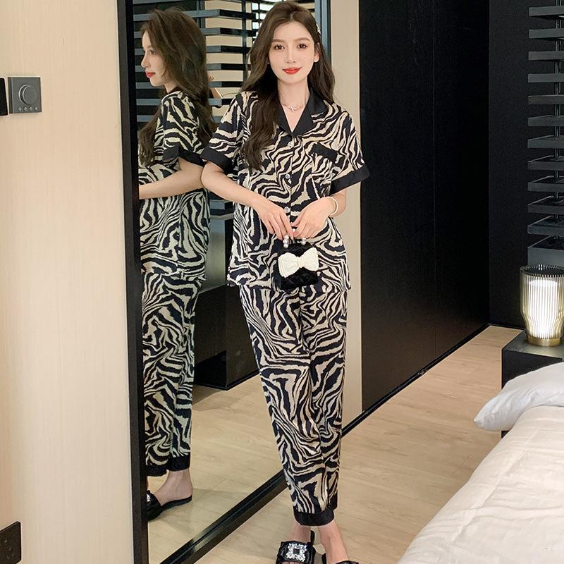 Women's Summer Zebra-stripe Ice Silk Loungewear 3 Piece Short Sleeve Pajamas Set Ladies Spring and Autumn High-end Homewear